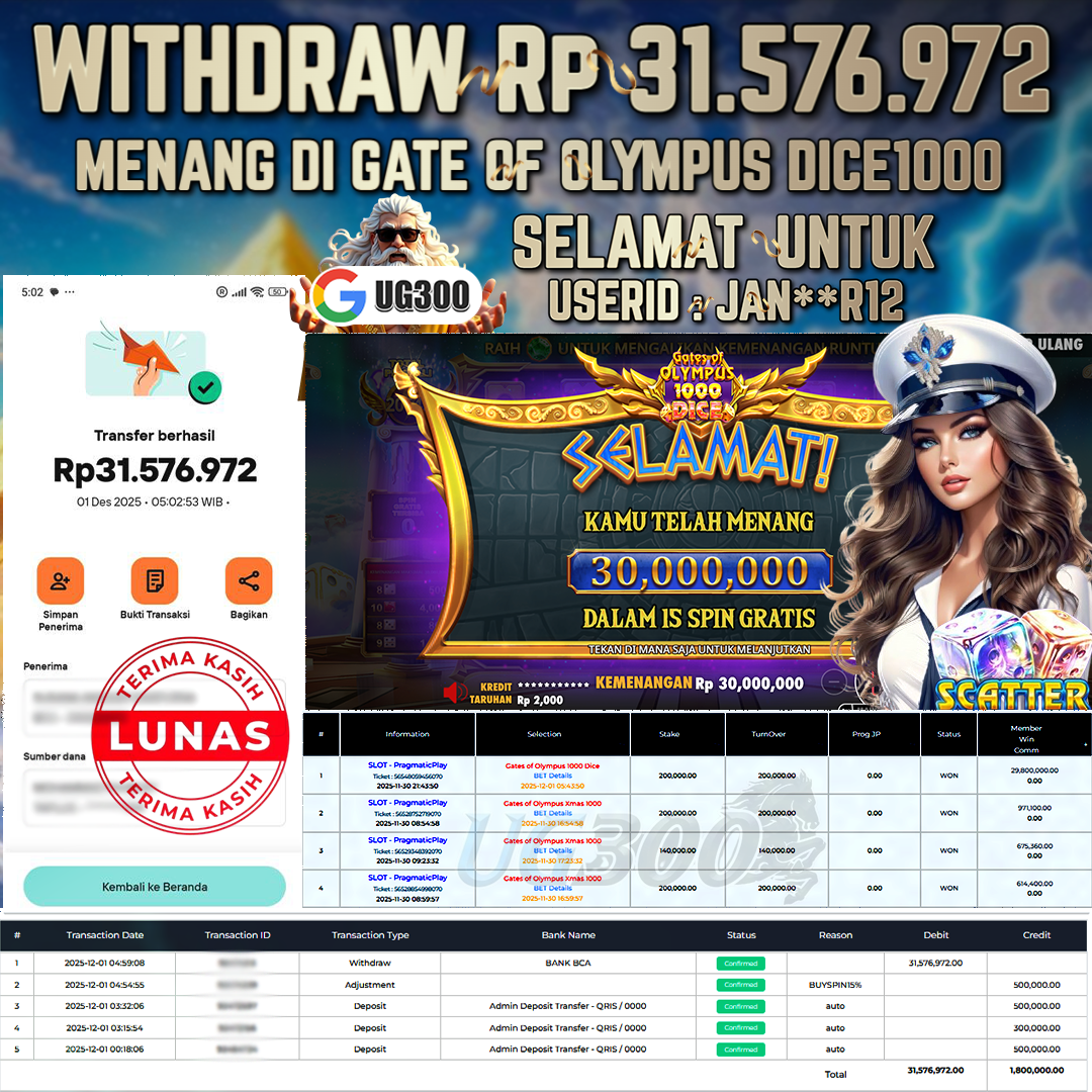 UG300 BERMAIN DI GATES OF OLYMPUS 1000 DICE ONFIRE JACKPOT Rp.31,576,972- DI BAYAR TUNTAS